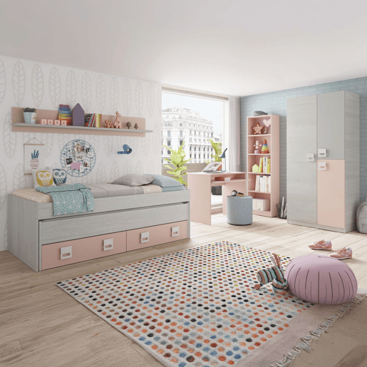 Cama de casal juvenil Kenia com prateleira Alpes Brancos - Rosa 200 x 69 x 96 cm