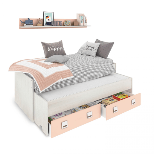 Cama de casal juvenil Kenia com prateleira Alpes Brancos - Rosa 200 x 69 x 96 cm