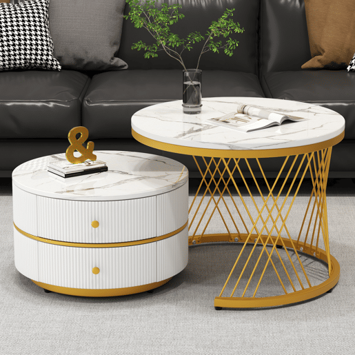 Conjunto de 2 mesas de apoio - 2 gavetas - tampo com design em mármore - Branco e dourado Conjunto de 2 mesas de apoio - 2 gavetas - tampo com design em mármore - Branco e dourado