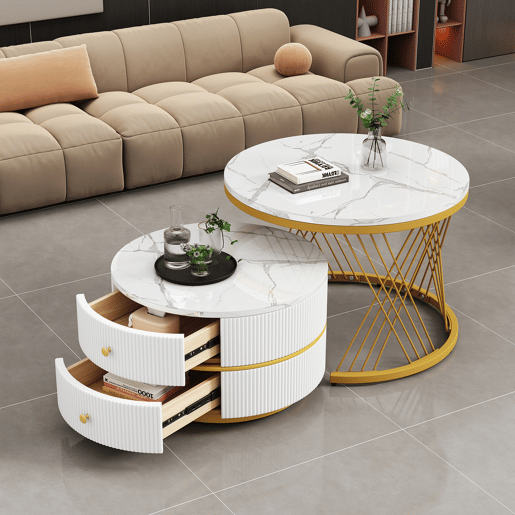 Conjunto de 2 mesas de apoio - 2 gavetas - tampo com design em mármore - Branco e dourado Conjunto de 2 mesas de apoio - 2 gavetas - tampo com design em mármore - Branco e dourado
