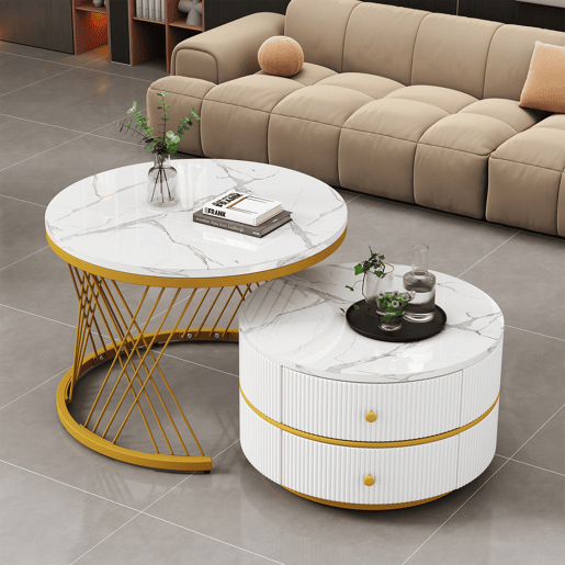 Conjunto de 2 mesas de apoio - 2 gavetas - tampo com design em mármore - Branco e dourado Conjunto de 2 mesas de apoio - 2 gavetas - tampo com design em mármore - Branco e dourado