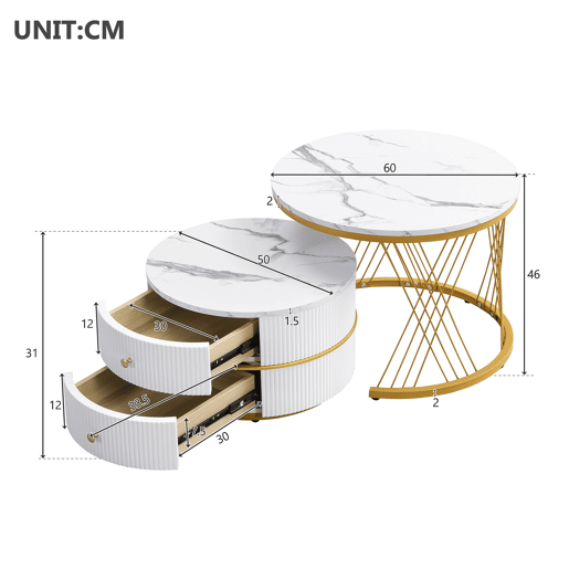 Conjunto de 2 mesas de apoio - 2 gavetas - tampo com design em mármore - Branco e dourado Conjunto de 2 mesas de apoio - 2 gavetas - tampo com design em mármore - Branco e dourado