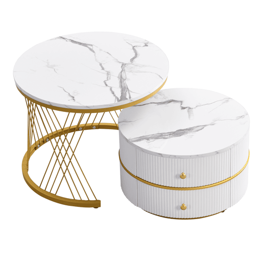 Conjunto de 2 mesas de apoio - 2 gavetas - tampo com design em mármore - Branco e dourado Conjunto de 2 mesas de apoio - 2 gavetas - tampo com design em mármore - Branco e dourado