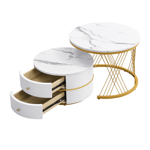 Conjunto de 2 mesas de apoio - 2 gavetas - tampo com design em mármore - Branco e dourado Conjunto de 2 mesas de apoio - 2 gavetas - tampo com design em mármore - Branco e dourado