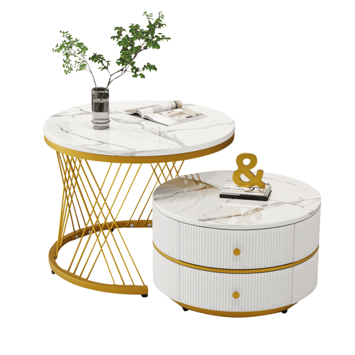 Conjunto de 2 mesas de apoio - 2 gavetas - tampo com design em mármore - Branco e dourado Conjunto de 2 mesas de apoio - 2 gavetas - tampo com design em mármore - Branco e dourado