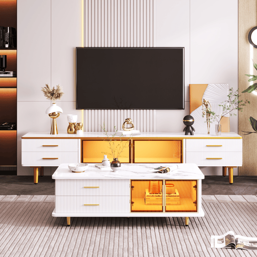 Mesa de centro escandinava - 2 gavetas e 2 portas - LED integrado - folheado a mármore - Branco