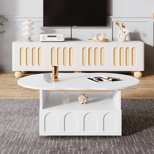 Mesa de centro com gavetas e compartimento aberto - tampo em forma de nuvem - Branco Mesa de centro com gavetas e compartimento aberto - tampo em forma de nuvem - Branco