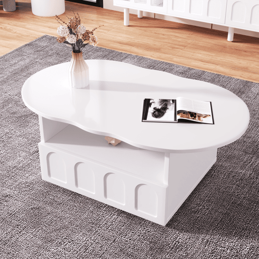 Mesa de centro com gavetas e compartimento aberto - tampo em forma de nuvem - Branco Mesa de centro com gavetas e compartimento aberto - tampo em forma de nuvem - Branco