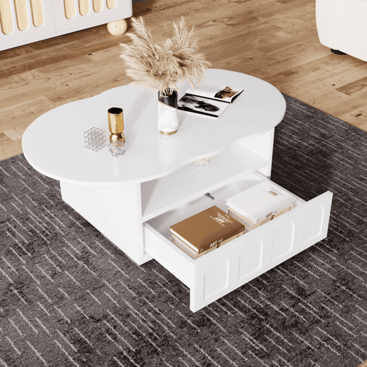 Mesa de centro com gavetas e compartimento aberto - tampo em forma de nuvem - Branco Mesa de centro com gavetas e compartimento aberto - tampo em forma de nuvem - Branco