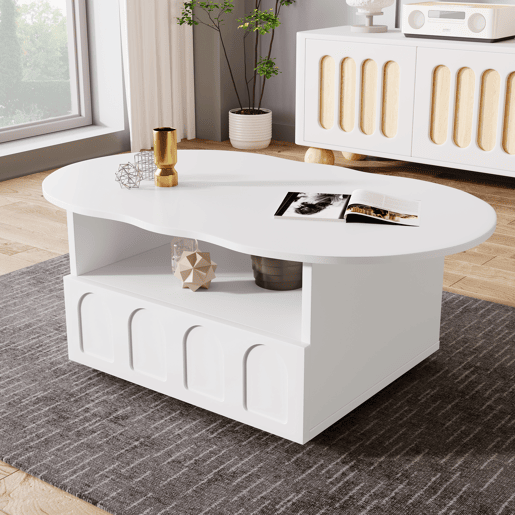 Mesa de centro com gavetas e compartimento aberto - tampo em forma de nuvem - Branco Mesa de centro com gavetas e compartimento aberto - tampo em forma de nuvem - Branco