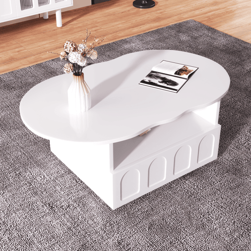Mesa de centro com gavetas e compartimento aberto - tampo em forma de nuvem - Branco Mesa de centro com gavetas e compartimento aberto - tampo em forma de nuvem - Branco