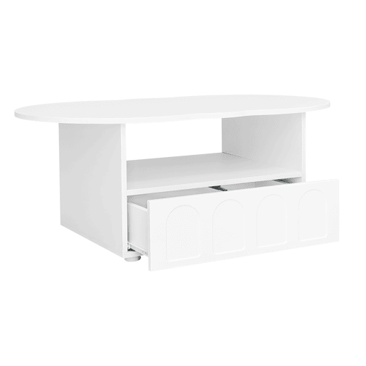 Mesa de centro com gavetas e compartimento aberto - tampo em forma de nuvem - Branco Mesa de centro com gavetas e compartimento aberto - tampo em forma de nuvem - Branco