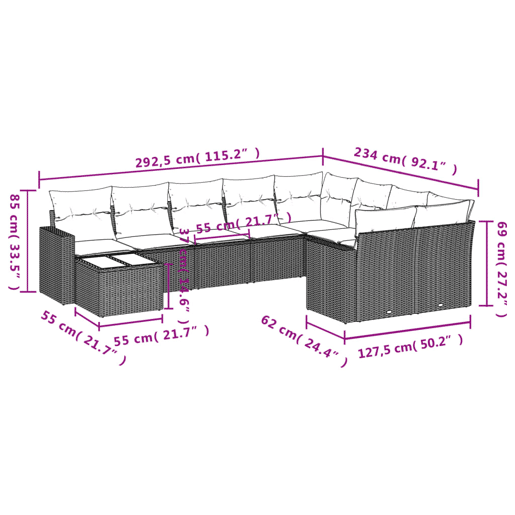 vidaXL 10 pcs conjunto sofás de jardim c almofadões vime PE cinzento