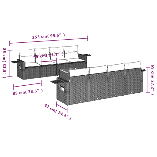 vidaXL 9 pcs conjunto de sofás p jardim com almofadões vime PE bege