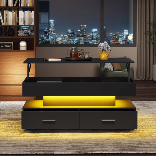 Mesa de centro regulável em altura com LED - 2 gavetas - Controlada por APP - Preto