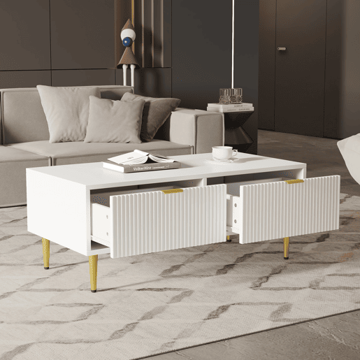 Mesa de centro - 2 gavetas - design de riscas verticais - Branco Mesa de centro - 2 gavetas - design de riscas verticais - Branco