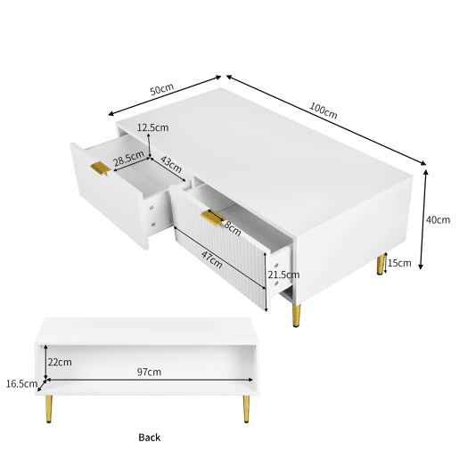 Mesa de centro - 2 gavetas - design de riscas verticais - Branco Mesa de centro - 2 gavetas - design de riscas verticais - Branco
