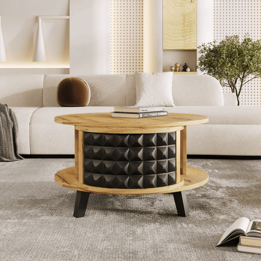 Mesa de centro - com arrumação interior giratória - Natural e Preto
