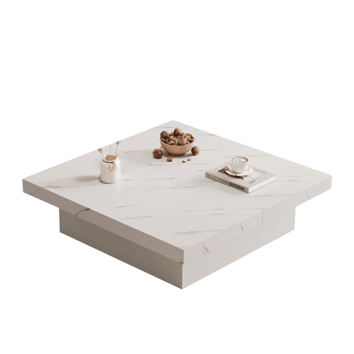Mesa de centro quadrada com 4 gavetas - efeito mármore - Branco