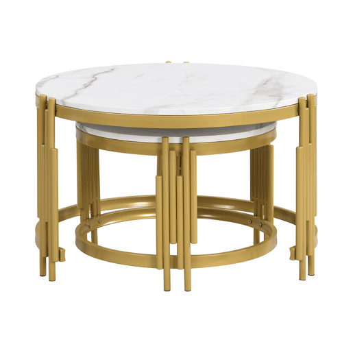 Conjunto de 2 mesas de centro - efeito mármore - estrutura metálica - Branco e dourado