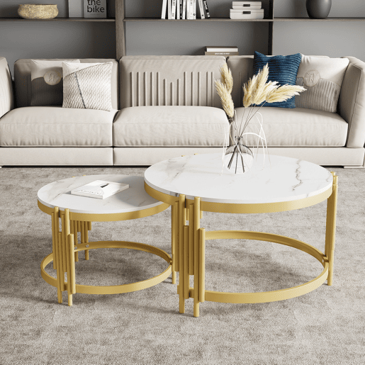 Conjunto de 2 mesas de centro - efeito mármore - estrutura metálica - Branco e dourado