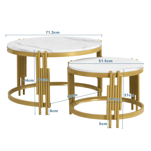 Conjunto de 2 mesas de centro - efeito mármore - estrutura metálica - Branco e dourado
