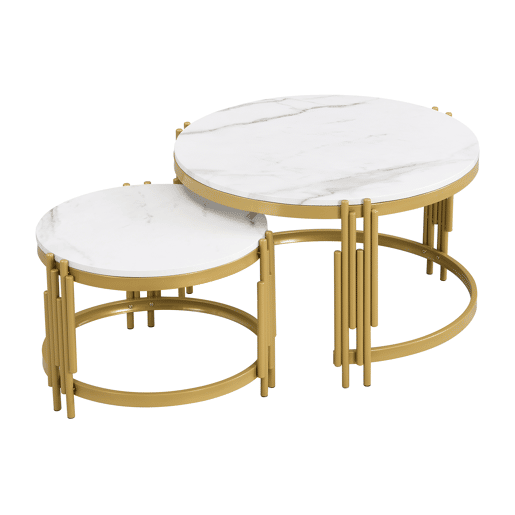 Conjunto de 2 mesas de centro - efeito mármore - estrutura metálica - Branco e dourado