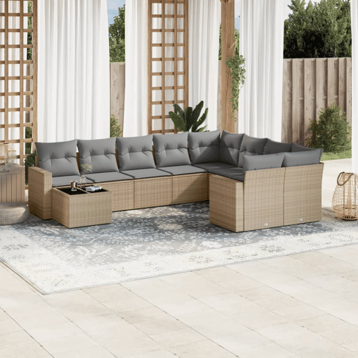 vidaXL 10 pcs conjunto de sofás p jardim com almofadões vime PE bege