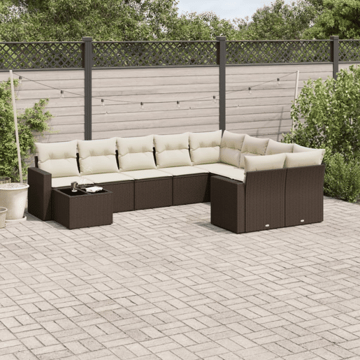 vidaXL 10 pcs conj. sofás jardim com almofadões vime PE castanho