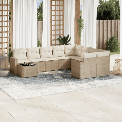 vidaXL 10 pcs conjunto de sofás p jardim com almofadões vime PE bege vidaXL 10 pcs conjunto de sofás p jardim com almofadões vime PE bege