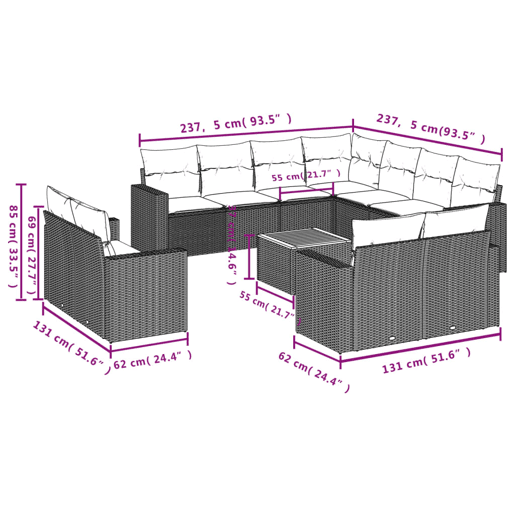 vidaXL 12 pcs conjunto de sofás de jardim c almofadões vime PE preto vidaXL 12 pcs conjunto de sofás de jardim c almofadões vime PE preto
