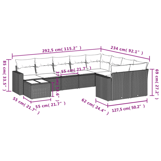 vidaXL 10 pcs conjunto sofás de jardim c almofadões vime PE preto