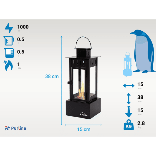 Lareira a etanol em metal com um depósito de 0,5L. O seu design em forma de lanterna é moderno e prático. Os seus quatro vidros temperados contêm chamas que darão um toque diferente e criativo à sua casa.