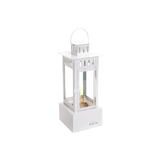 Lareira a etanol em metal com um depósito de 0,5L. O seu design em forma de lanterna é moderno e prático. Os seus quatro vidros temperados contêm chamas que darão um toque diferente e criativo à sua casa.