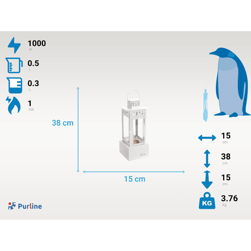 Lareira a etanol em metal com um depósito de 0,5L. O seu design em forma de lanterna é moderno e prático. Os seus quatro vidros temperados contêm chamas que darão um toque diferente e criativo à sua casa.