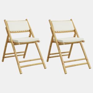 vidaXL 2 pcs cadeiras bistrô dobráveis c almofadões branco nata bambu