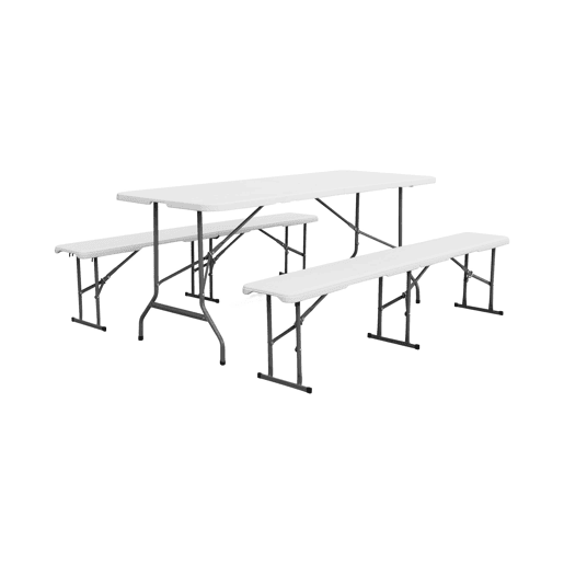 Mesa de receção dobrável em plástico e banco, Fiesta, Branco, 180x69.5x73.5 cm