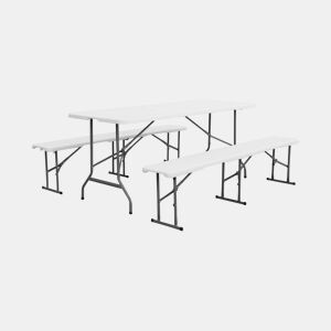Mesa de receção dobrável em plástico e banco, Fiesta, Branco, 180x69.5x73.5 cm