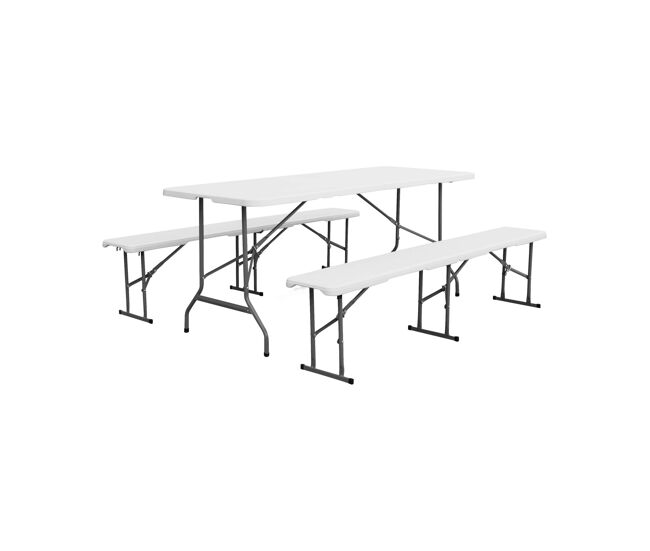 Set de mesa y bancos plegables portátiles para eventos blanco - 180x69.5x73.5 cm