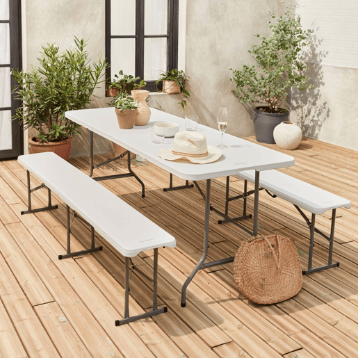 Mesa de receção dobrável em plástico e banco, Fiesta, Branco, 180x69.5x73.5 cm