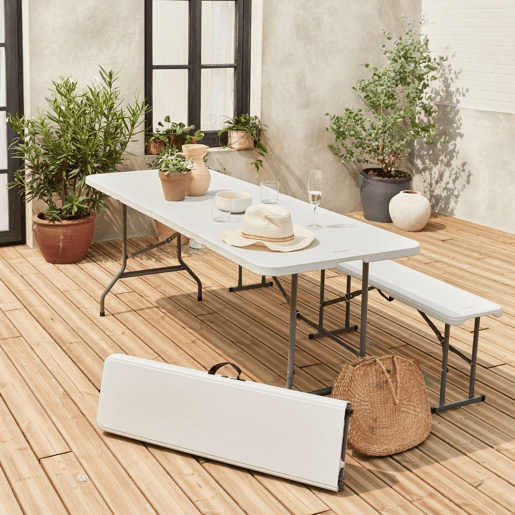 Mesa de receção dobrável em plástico e banco, Fiesta, Branco, 180x69.5x73.5 cm