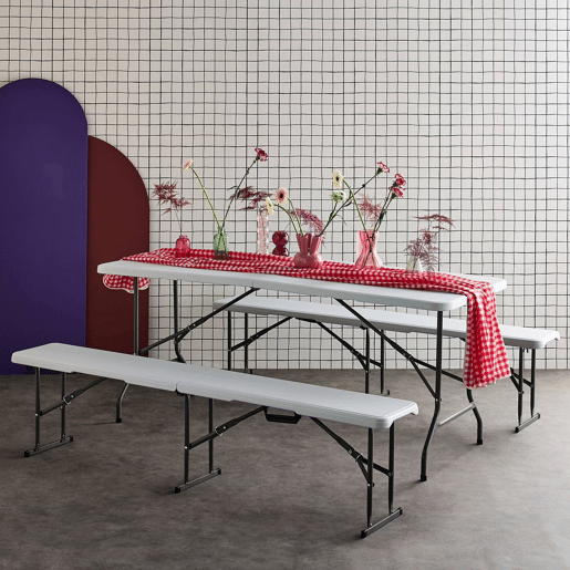 Mesa de receção dobrável em plástico e banco, Fiesta, Branco, 180x69.5x73.5 cm