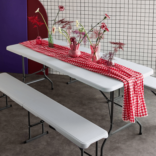 Mesa de receção dobrável em plástico e banco, Fiesta, Branco, 180x69.5x73.5 cm