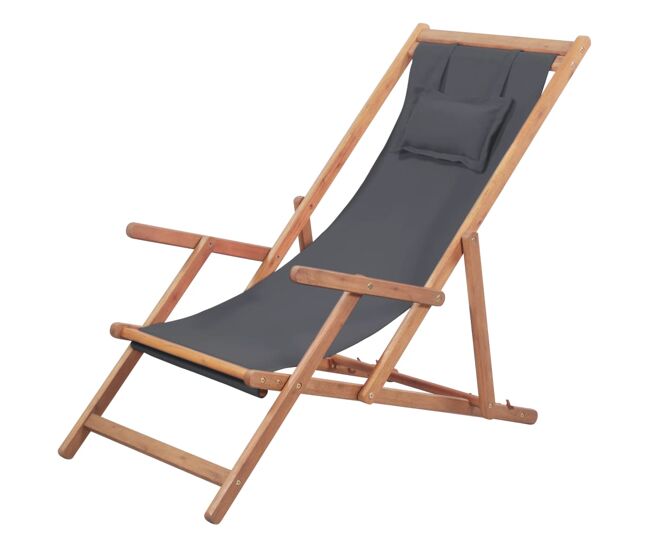 Vidaxl silla de playa plegable de tela y estructura de madera gris