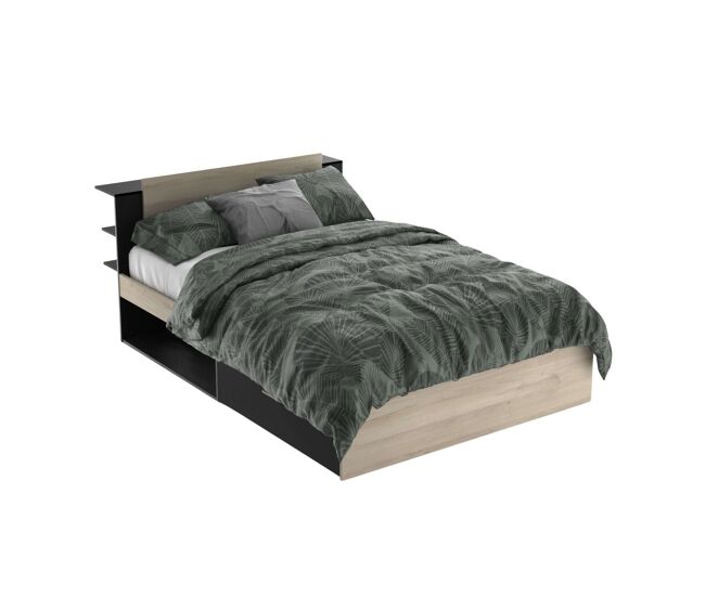 Cama matrimonio life en color roble kronberg y negro mate con cabecero y 2 cajones 135/140x190/200 cm