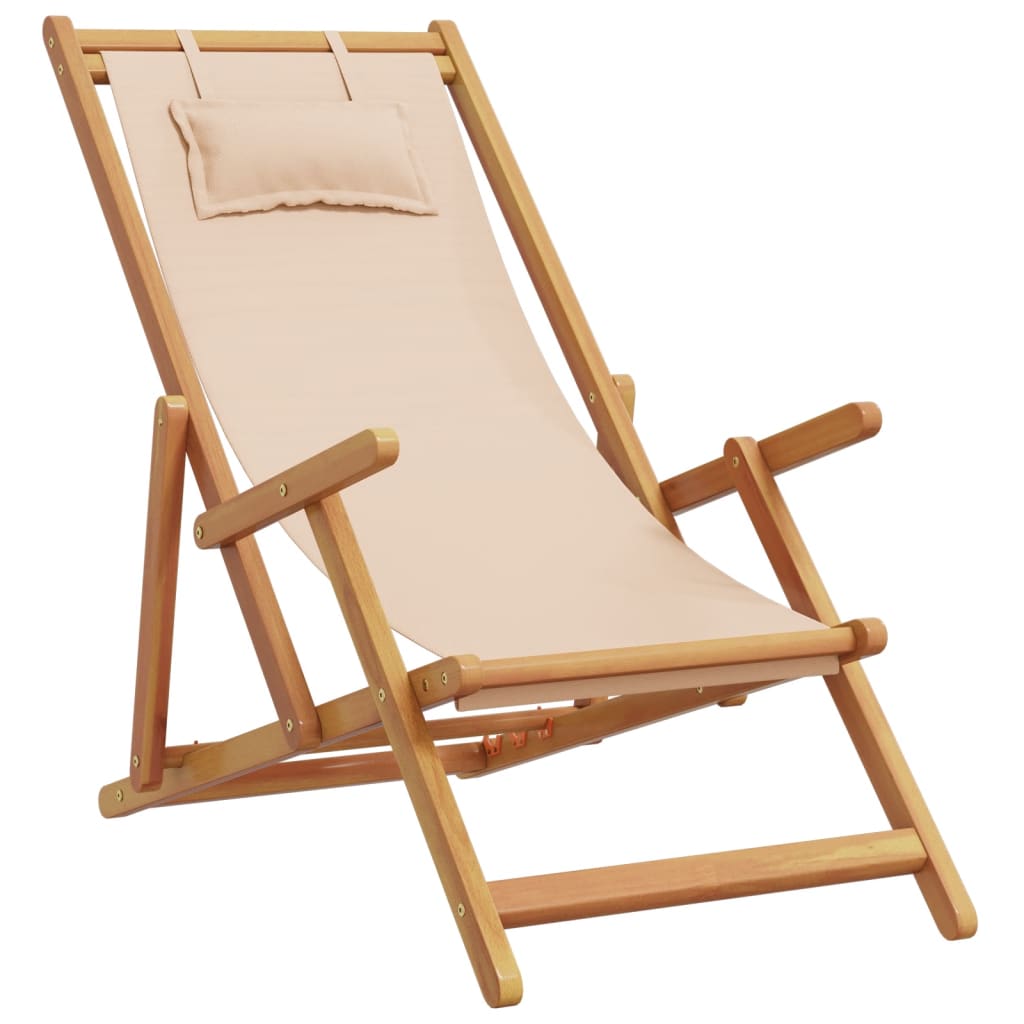 Vidaxl silla de playa plegable madera maciza de eucalipto y tela beige