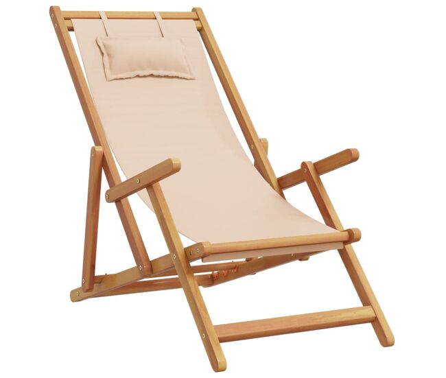 Vidaxl silla de playa plegable madera maciza de eucalipto y tela beige