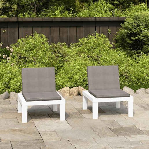 vidaXL Cadeiras de jardim com almofadões 2 pcs plástico branco vidaXL Cadeiras de jardim com almofadões 2 pcs plástico branco