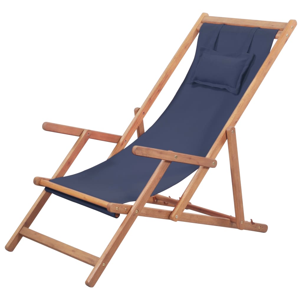 Vidaxl silla de playa plegable de tela y estructura de madera azul