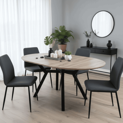 Mesa de Jantar Extensível Alfa 120160 cm CarvalhoMelamina Preta e Pernas de Metal - Mesa Redonda para Sala de Estar